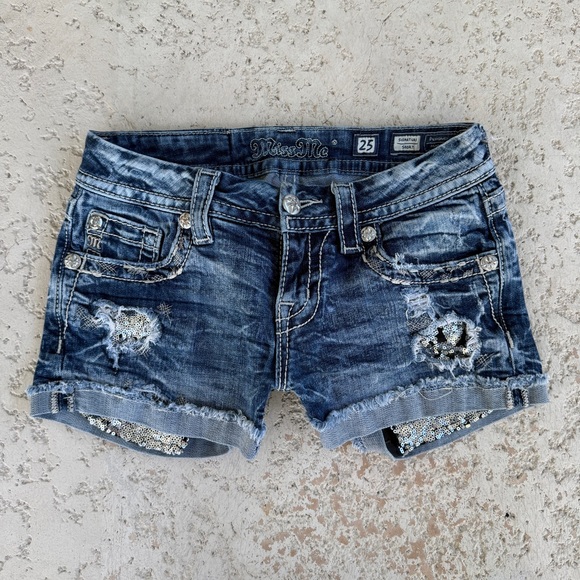 Miss Me Shorts Size 25 Womens Embellished Rhinestone Short Sequins Low Rise Blue - Picture 2 of 11